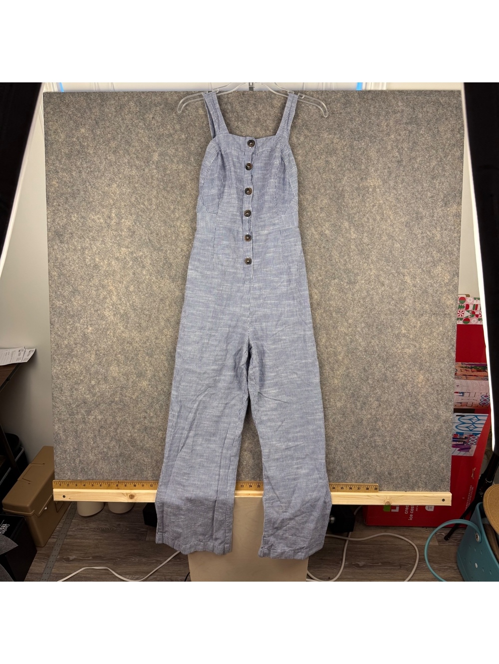 Japana Navy Blue White Striped Jumpsuit Straps Open Back Women Size Small 733
